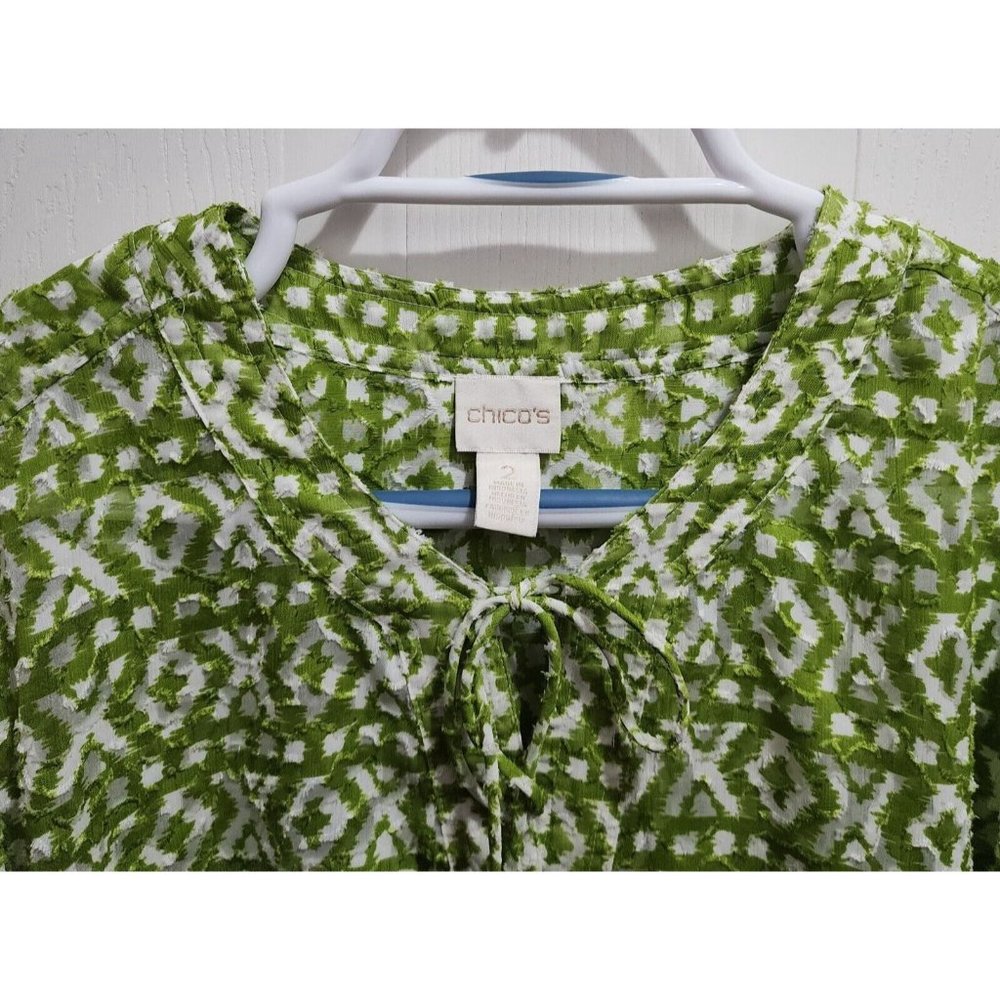 Chico's Women's Long Sleeve V Neck Tunic Top Green/White Semi-Sheer Size 2 (L) - Picture 2 of 10